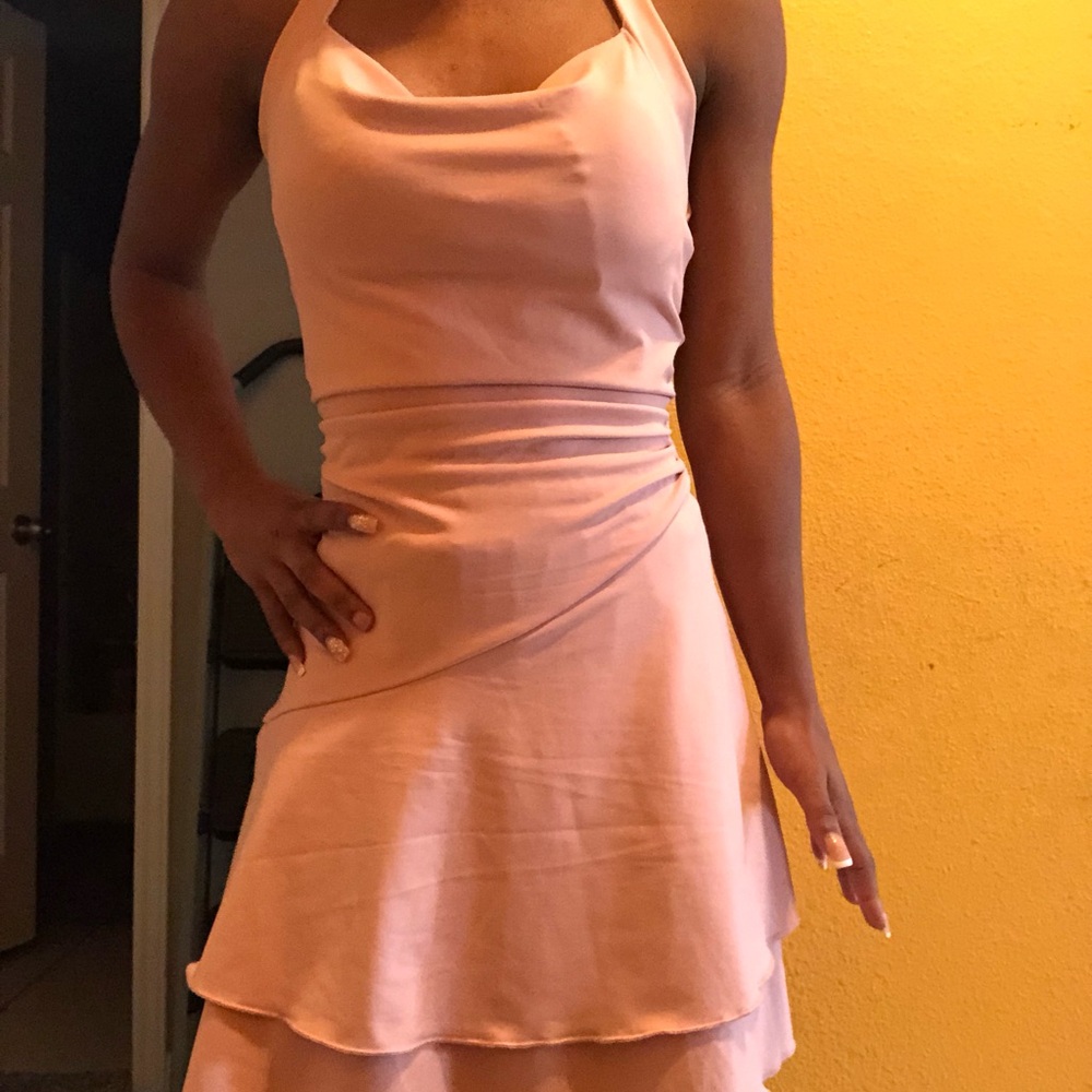 Pink Ruffled Mini Sundress with Halter Neckline for Cocktail